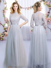  Grey Half Sleeves Tulle Zipper Vestidos de Damas for Wedding Party