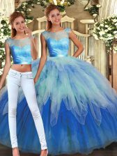 Sophisticated Multi-color Tulle Backless Scoop Sleeveless Floor Length Vestidos de Quinceanera Lace and Ruffles