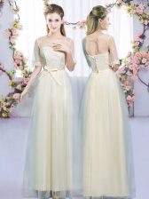  Champagne Half Sleeves Lace and Bowknot Floor Length Quinceanera Court Dresses
