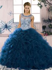 Elegant Navy Blue Ball Gowns Organza Scoop Sleeveless Beading and Ruffles Floor Length Lace Up Sweet 16 Dresses
