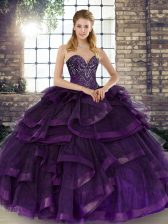 Dazzling Purple Lace Up Sweetheart Beading and Ruffles Quinceanera Dress Tulle Sleeveless