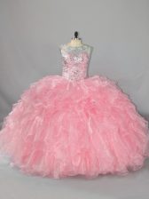 Clearance Pink Ball Gowns Beading and Ruffles Quince Ball Gowns Lace Up Organza Sleeveless Floor Length