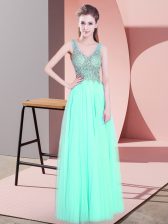  Apple Green Sleeveless Floor Length Beading Zipper 