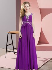 Pretty Eggplant Purple Empire Beading Homecoming Dress Lace Up Chiffon Cap Sleeves Floor Length