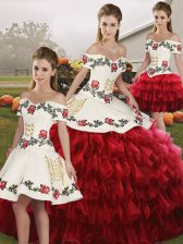 Sophisticated Wine Red Lace Up Off The Shoulder Embroidery and Ruffled Layers Ball Gown Prom Dress Organza Sleeveless