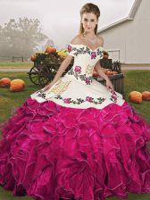  Fuchsia Off The Shoulder Lace Up Embroidery and Ruffles 15 Quinceanera Dress Sleeveless