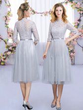 Shining Tea Length Grey Quinceanera Dama Dress Tulle Half Sleeves Lace and Belt