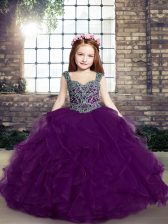  Floor Length Eggplant Purple Little Girls Pageant Dress Straps Sleeveless Lace Up