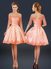  Peach Half Sleeves Lace and Appliques Mini Length Prom Party Dress