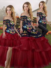  Wine Red Off The Shoulder Neckline Embroidery and Ruffled Layers 15 Quinceanera Dress Sleeveless Lace Up
