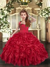 Affordable Red Straps Neckline Ruffles Child Pageant Dress Sleeveless Lace Up