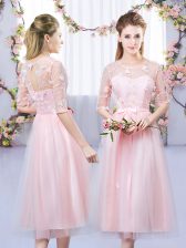 Fancy Baby Pink Lace Up Scoop Lace and Belt Dama Dress Tulle Half Sleeves