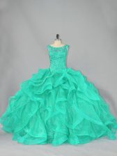  Turquoise Scoop Neckline Beading and Ruffles Quinceanera Gowns Sleeveless Lace Up