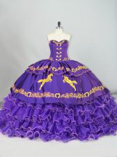 Beautiful Purple Lace Up 15 Quinceanera Dress Embroidery and Ruffled Layers Sleeveless Brush Train