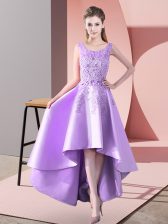 Fine Lavender Sleeveless High Low Lace Zipper Dama Dress