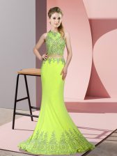  Beading and Appliques Prom Party Dress Yellow Green Zipper Sleeveless Sweep Train
