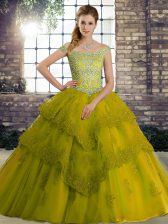  Olive Green Off The Shoulder Lace Up Beading and Lace Quinceanera Gown Brush Train Sleeveless