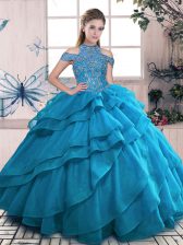 Cute Floor Length Blue Sweet 16 Quinceanera Dress High-neck Sleeveless Lace Up