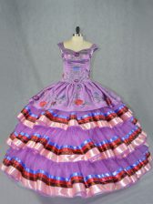  Purple Organza Lace Up Quinceanera Dress Sleeveless Floor Length Embroidery and Ruffled Layers