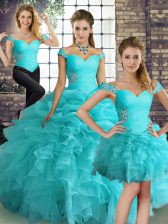 Artistic Off The Shoulder Sleeveless Ball Gown Prom Dress Floor Length Beading and Ruffles and Pick Ups Aqua Blue Organza