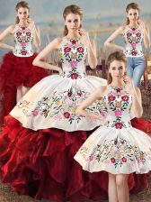  White And Red Ball Gowns Halter Top Sleeveless Organza Floor Length Lace Up Embroidery and Ruffles 15th Birthday Dress