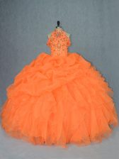 Fitting Orange High-neck Lace Up Beading and Ruffles Quince Ball Gowns Sleeveless
