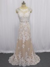 New Arrival Cap Sleeves Beading and Appliques Backless with Champagne Brush Train