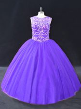  Halter Top Sleeveless 15 Quinceanera Dress Floor Length Beading Purple Tulle