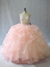 High End Peach Backless Halter Top Beading and Ruffles Sweet 16 Dresses Organza Sleeveless Brush Train