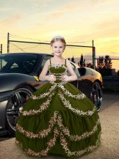 New Style Olive Green Sleeveless Embroidery Floor Length Child Pageant Dress
