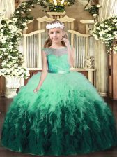 Perfect Scoop Sleeveless Pageant Gowns Floor Length Lace and Ruffles Multi-color Tulle