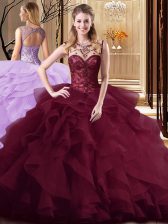Extravagant Burgundy Ball Gowns Beading and Ruffles Quinceanera Gown Lace Up Tulle Sleeveless