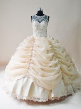  Scoop Sleeveless Quinceanera Gowns Floor Length Lace and Appliques Champagne Organza