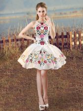  White Sleeveless Mini Length Embroidery Lace Up Prom Dresses
