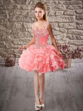  Watermelon Red Organza Lace Up Straps Sleeveless Mini Length Prom Dresses Beading and Ruffled Layers