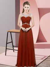 Pretty Sleeveless Floor Length Beading Backless Prom Evening Gown with Rust Red