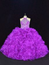 Stunning Floor Length Lace Up Quince Ball Gowns Purple for Sweet 16 and Quinceanera with Beading and Ruffles
