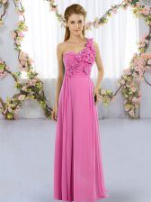  Rose Pink Chiffon Lace Up Quinceanera Court Dresses Sleeveless Floor Length Hand Made Flower