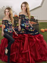 Cute Red And Black Off The Shoulder Lace Up Embroidery and Ruffles Vestidos de Quinceanera Sleeveless