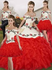 Deluxe White And Red Ball Gowns Embroidery and Ruffles Quince Ball Gowns Lace Up Organza Sleeveless Floor Length