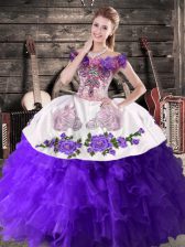 Deluxe Sleeveless Floor Length Embroidery and Ruffles Lace Up Vestidos de Quinceanera with Purple