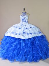  Royal Blue Organza Lace Up Quinceanera Gown Sleeveless Court Train Embroidery and Ruffles