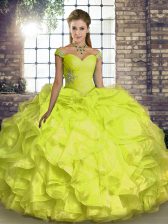 Excellent Off The Shoulder Sleeveless Lace Up 15th Birthday Dress Yellow Organza