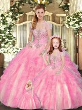 Fabulous Sleeveless Floor Length Beading and Ruffles Lace Up 15 Quinceanera Dress with Baby Pink