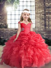  Red Sleeveless Floor Length Beading Lace Up Pageant Dress Womens