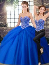 Customized Brush Train Two Pieces Sweet 16 Dress Royal Blue Sweetheart Tulle Sleeveless Lace Up