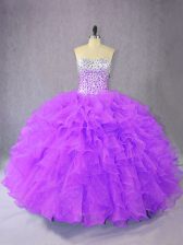 Exceptional Sweetheart Sleeveless 15th Birthday Dress Floor Length Beading and Ruffles Purple Organza