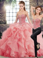 Super Watermelon Red Tulle Lace Up Sweet 16 Dress Sleeveless Brush Train Beading and Ruffles