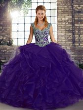  Ball Gowns Quinceanera Dress Purple Straps Tulle Sleeveless Floor Length Lace Up
