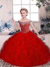  Floor Length Red Glitz Pageant Dress Tulle Sleeveless Beading and Ruffles